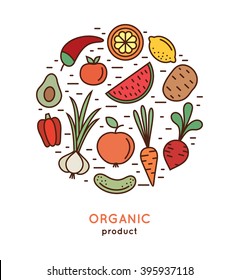 Vector healthy food and organic fruits and vegetables concepts and logo design templates in trendy linear style