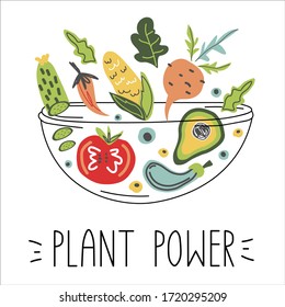 Vector healthy food salad sketch PLANT POWER. Fresh products, farm market, natural, local, organic fresh vegetables. Cooking salad hand drawn concept. 