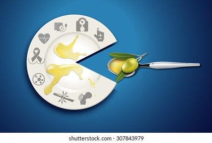 Vector of Healthy food series. Benefit of olive oil icon on white plate with olive oil on spoon.