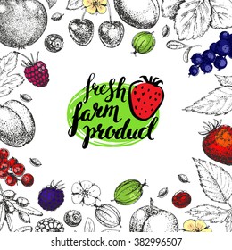 Vector Healthy Food template. Vintage farm logo, fruits and berries. Hand drawn.  Style of etching. Sketch. Vegetarian fresh product. 