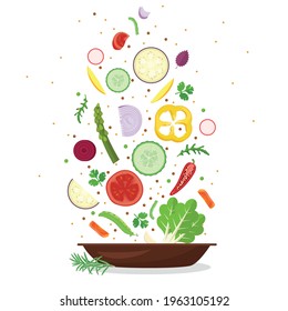 Vector healthy food vegetable plate. Fresh, farm market, natural, organic fresh vegetables . Cooking salad hand flat design vector concept.