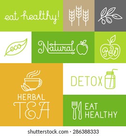 Vector healthy and fresh farm products labels and icons in trendy linear style - eat healthy and natural concepts