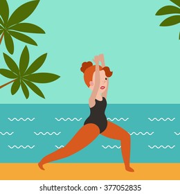 Vector healthy girl in yoga pose on sea beach