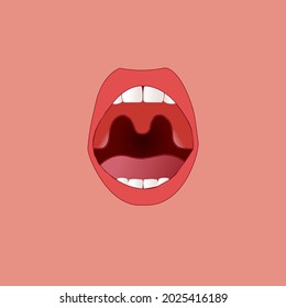vector healthy human tonsils close up front view, tonsils, lips, teeth and throat on peach rose background. anatomy biology medicine medical concept. tonsils illustration vector isolated.