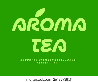 Vetor Healthy etiqueta Chá de aroma com folha decorativa. Fonte verde elegante. Letras e números decorativos bonitos alfabeto