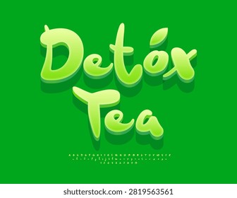 Vector Healthy label Detox Tea. Creative Green 3D Font. Playful Alphabet Letters and Numbers set.
