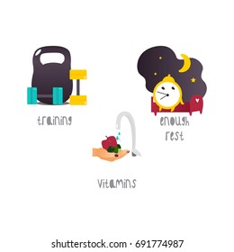 Vector healthy lifestyle concept flat isolated illustration on a white background. Healthy natural eating with nutrients and vitamins, enough rest and healthy sleeping and training and exercises