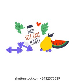 Vector estilo de vida saludable y concepto de pérdida de peso. Ilustración a mano de frutas, mancuernas y nota con mensaje motivacional. 