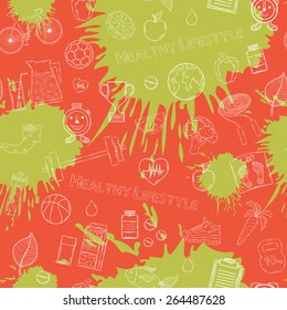 Vector Healthy lifestyle white pattern with various thematic elements on a orange and green blots ink background.Thin line
