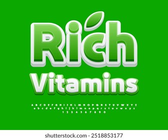 Vector healthy logo Rich Vitamins. White and Green Font. Bright Alphabet Letters and Numbers set.
