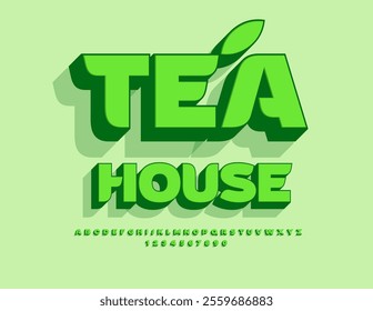 Vector healthy logo Tea House. Green 3D Font. Set of trendy Alphabet Letters and Numbers