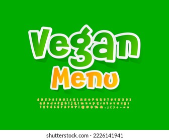 Logo Vector saludable Menú Vegan. Tipo de letra de pegatina brillante. Juego de letras y números de alfabeto escritos a mano