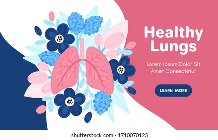 Vector healthy lungs on flowers. Background for label, advertisement of pulmonary medicine, landing or banner for pulmonology clinic, design for website or article about respiratory system health