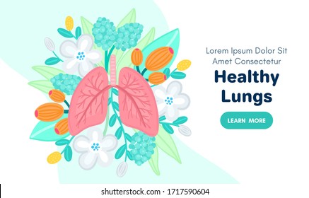 Vector healthy lungs on flowers. Background for label, advertisement of pulmonary medicine, landing or banner for pulmonology clinic, design for website or article about respiratory system health