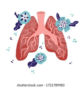 Pulmones vectoriales sanos en las flores. Ilustración para la etiqueta, publicidad de medicina pulmonar, afiche o banner para clínica de pulmonía, diseño para sitio web o artículo sobre la salud del sistema respiratorio.