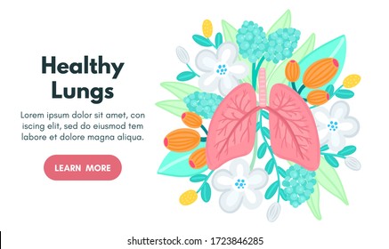 Vector healthy lungs on flowers. Background for label, advertisement of pulmonary medicine, landing or banner for pulmonology clinic, design for website or article about respiratory system health