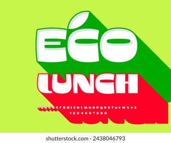 Vector healthy Poster Eco Lunch. 3D Creative Font. Cool Alphabet Letters and Numbers set with Red Shadow