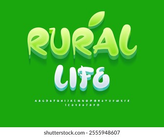 Vector healthy poster Rural Life. Creative White Font. Funny 3D Alphabet Letters and Numbers set.