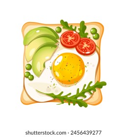 Vector healthy sandwich with avocado slices,fried egg,tomatoe slices,green peas and spices.