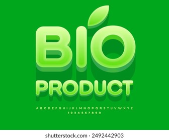 Vector healthy signboard Bio Product. Green 3D Font. Modern Alphabet Letters and Numbers.