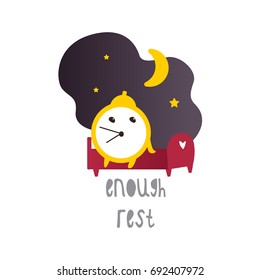 Vector healthy sleeping concept. Illustration isolated on a white background. Flat, cartoon alarm clock going to bed on the background of stars and moon. Healthy lifestyle, enough rest concept