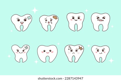 Vector. Healthy Teeth.Cartoon Style.Dentist.Health.White.Strong.Doodle.Kids Clinic. Teeth.Web Design.Social Media.Textile Printing.Poster Banner.Advertising.Children.Baby.Smile.Sparkle.Glitter.EPS 10.