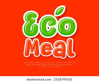 Vector healthy template Eco Meal. Playful Red Font. Funny Glossy Alphabet Letters and Numbers set.