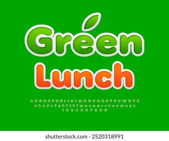 Vector saludable Plantilla Almuerzo Verde. Pegatina verde Font. Conjunto de letras y números de alfabeto decorativo.