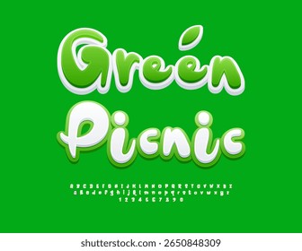Vector Healthy template Green Picnic. Trendy Exclusive Font. Bright Handwritten Alphabet Letters and Numbers