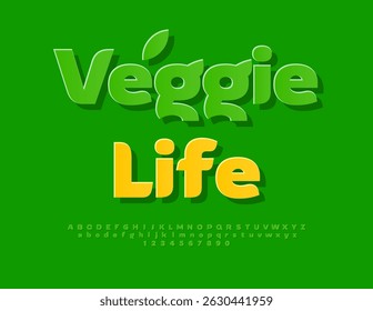 Vector Healthy template Veggie Life. Elegant Green Sticker Font. Modern Fashion Alphabet Letters and Numbers set.