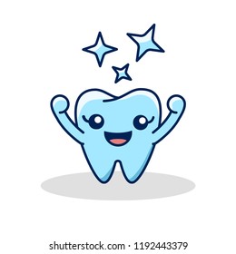 Vector healthy tooth icon. Children teeth care. Flat design illustration with shining effect stars. Oral dental hygiene
