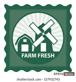 Vector : Healthy, Weight Loss, Diet or Fitness Product Present By Green Stamp Tag, Sticker or Badge With Farm Fresh Text and Vintage Farm Barn Sign Isolated on White Background 
