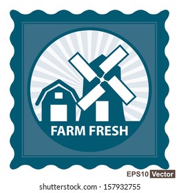 Vector : Healthy, Weight Loss, Diet or Fitness Product Present By Blue Stamp Tag, Sticker or Badge With Farm Fresh Text and Vintage Farm Barn Sign Isolated on White Background 