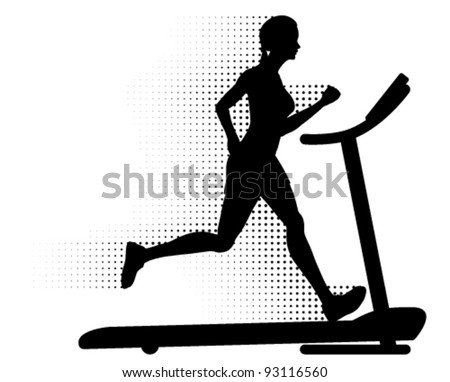 Vector healthy young woman running on a modern treadmill at great speed with halftone pattern motion trails. Silhouette.