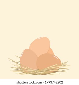 Vector - Heap of eggs on nest (dry leaves) isolated on light yellow background. Great ingredient for any food. Copy space.