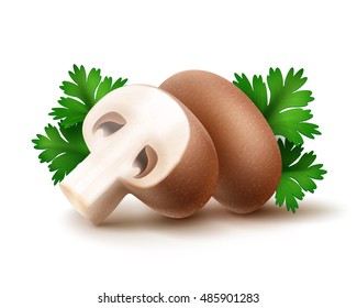 Vector Heap of Fresh Whole and Sliced Half Brown Portabello Agaricus  Champignons Mushrooms with Green Parsley Leaves Close up Isolated on White Background