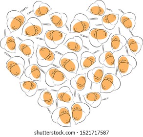 Vector heart of acorns, black outline on white background. Forest, autumn. Design for prints, postcards.