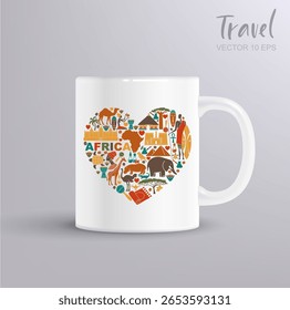 Vetor coração da África feito de elementos étnicos e animais da vida selvagem com maquete caneca perfeito para impressões de viagem e lembranças