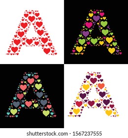 Vector heart alphabet letter font A with various heart shapes. Heart letter, heart font