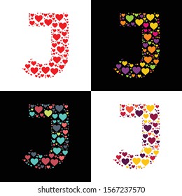 Vector heart alphabet letter font J with various heart shapes. Heart letter, heart font