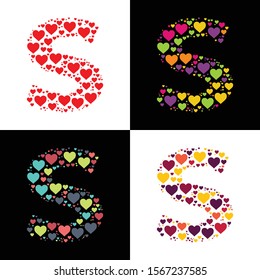 Vector heart alphabet letter font S with various heart shapes. Heart letter, heart font