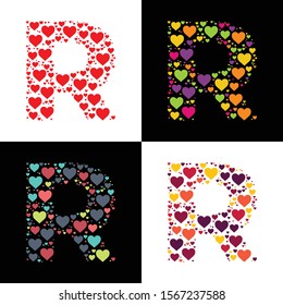 Vector heart alphabet letter font R with various heart shapes. Heart letter, heart font