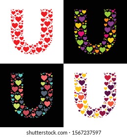 Vector heart alphabet letter font U with various heart shapes. Heart letter, heart font