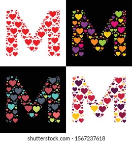 Vector heart alphabet letter font M with various heart shapes. Heart letter, heart font