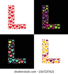 Vector heart alphabet letter font L with various heart shapes. Heart letter, heart font