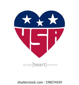 The vector heart with american flag colors, symbols and inscription USA