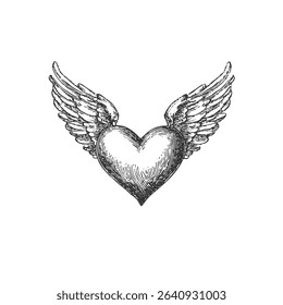 Vector heart with angel wings in engraved religious style. Symbolic vintage black and white clipart.