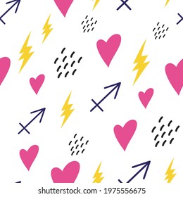 Vector Heart Arrow Flash Seamless Pattern Background. Perfect for gift wrap, scrapbooking, packaging, fabric, stationery, valentine projects.