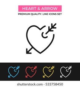 Vector heart and arrow icon. Romantic love, lovestruck concepts. Premium quality graphic design. Modern signs, symbols, simple thin line icons set for websites, web design, mobile app, infographics