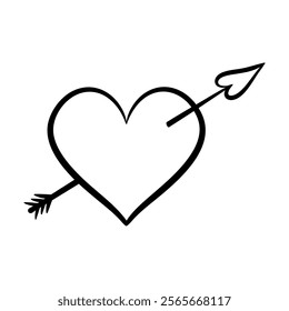 Vector heart with arrow in line art style. Cupid arrow pierced the hart. Graphic monochrome drawing. Hand drawn heart outline sketch, ink illustration. Design element Valentines day.